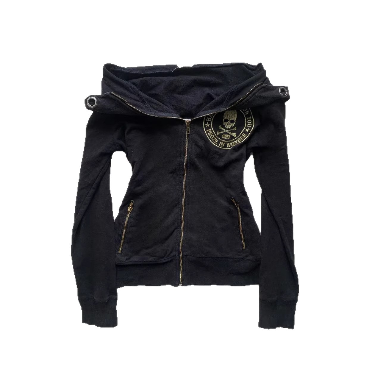 Retro Zip-Up Hoodie with Skull Embroidery - Image 4