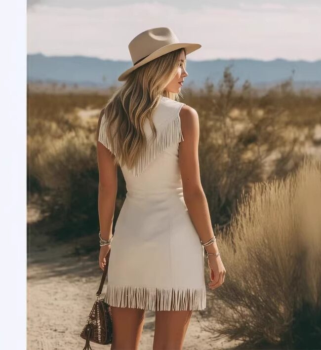 The Sylvie Western Retro V Neck Fringe Mini Dress Detail – La Rose Couture Dresses & Gowns