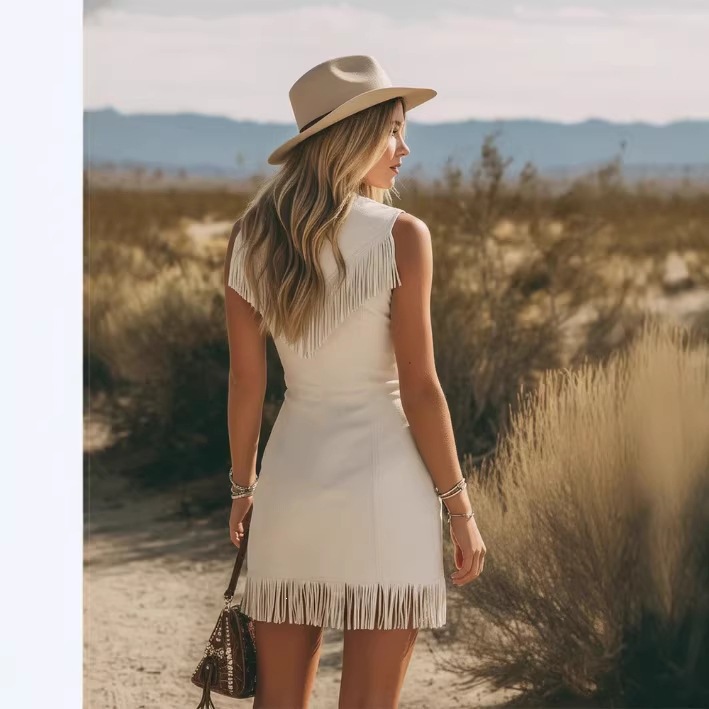 Western Retro V-Neck Fringe Mini Dress - Image 2