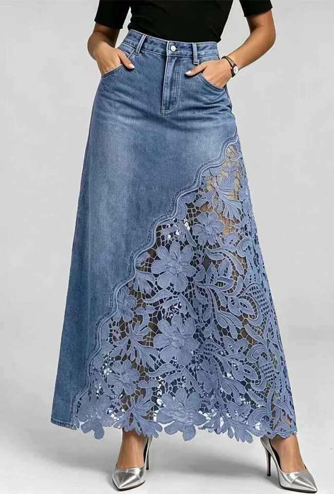 The Ariane Lace Trim Denim Midi Skirt – La Rose Couture Trousers & Skirts