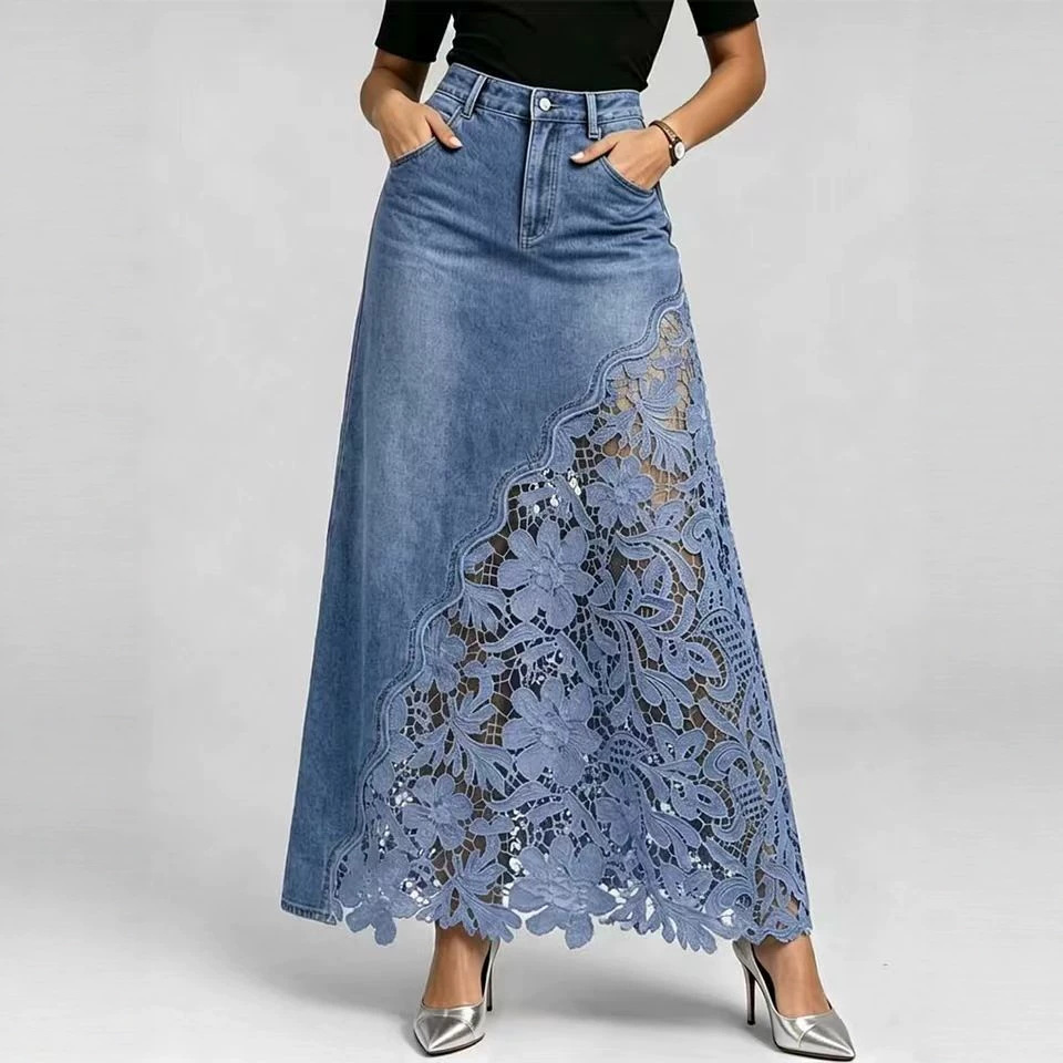 Lace Trim Denim Midi Skirt