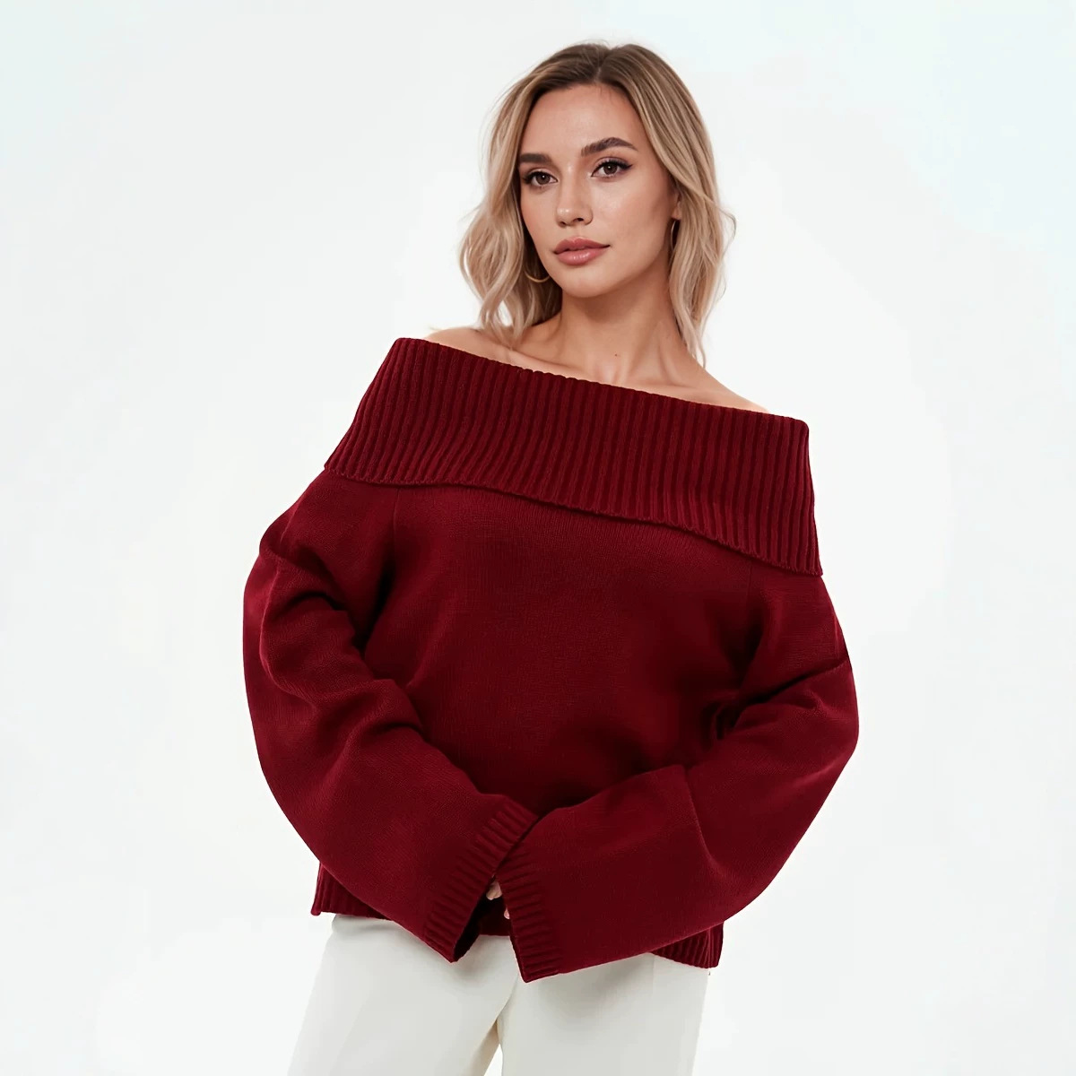 Off-Shoulder Knitted Pullover Sweater - Image 3