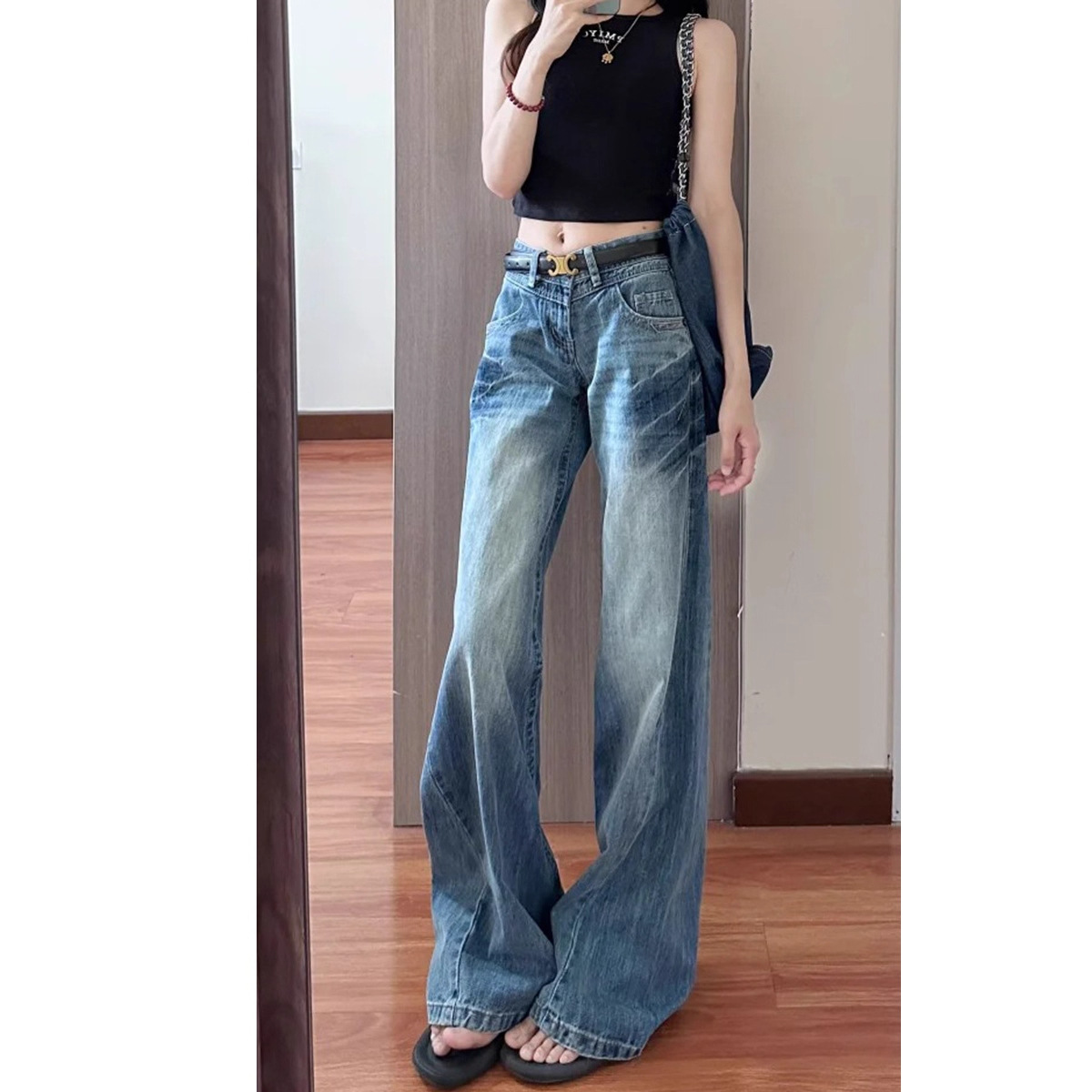Vintage Washed Blue Wide-Leg Denim Pants