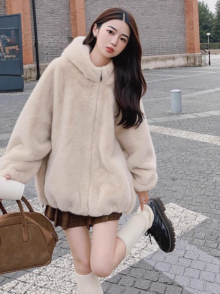 Women Short Plush Hooded Coat