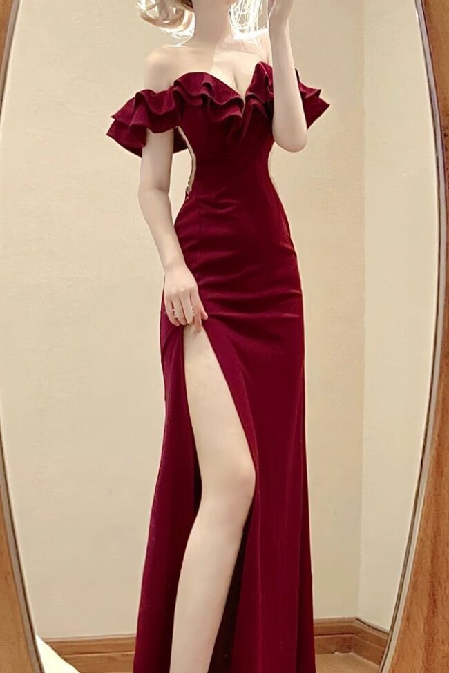 The Colette Elegant Off Shoulder Ruffled Strapless Dress with High Slit Detail – La Rose Couture Dresses & Gowns