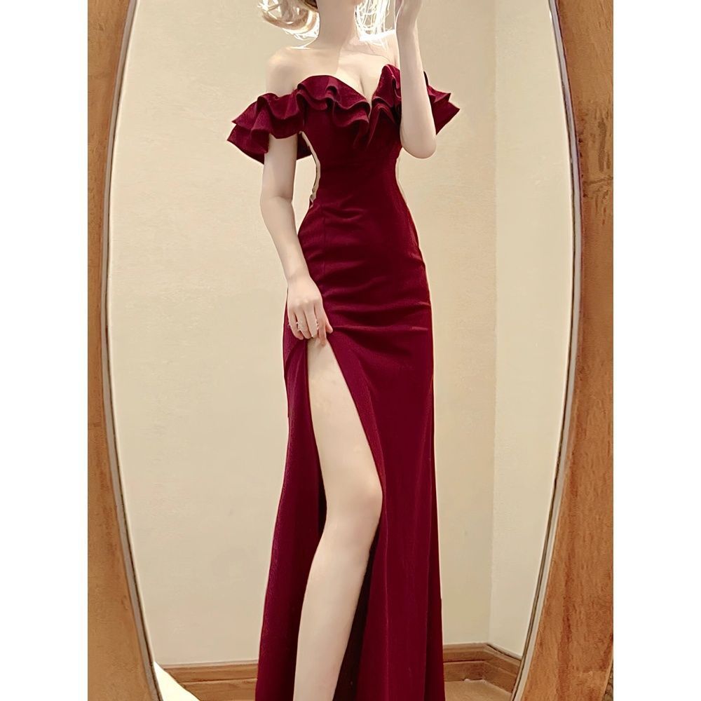 Elegant Off-Shoulder Ruffled Strapless Dress with High Slit - Image 3