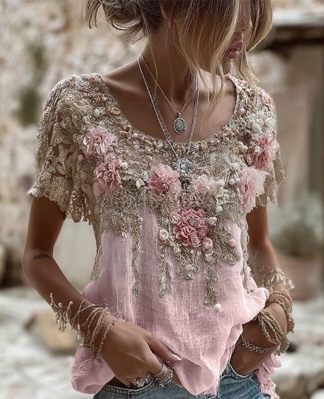 The Camille Long Sleeved Loose Printed T Shirt Detail – La Rose Couture Tops & Blouses