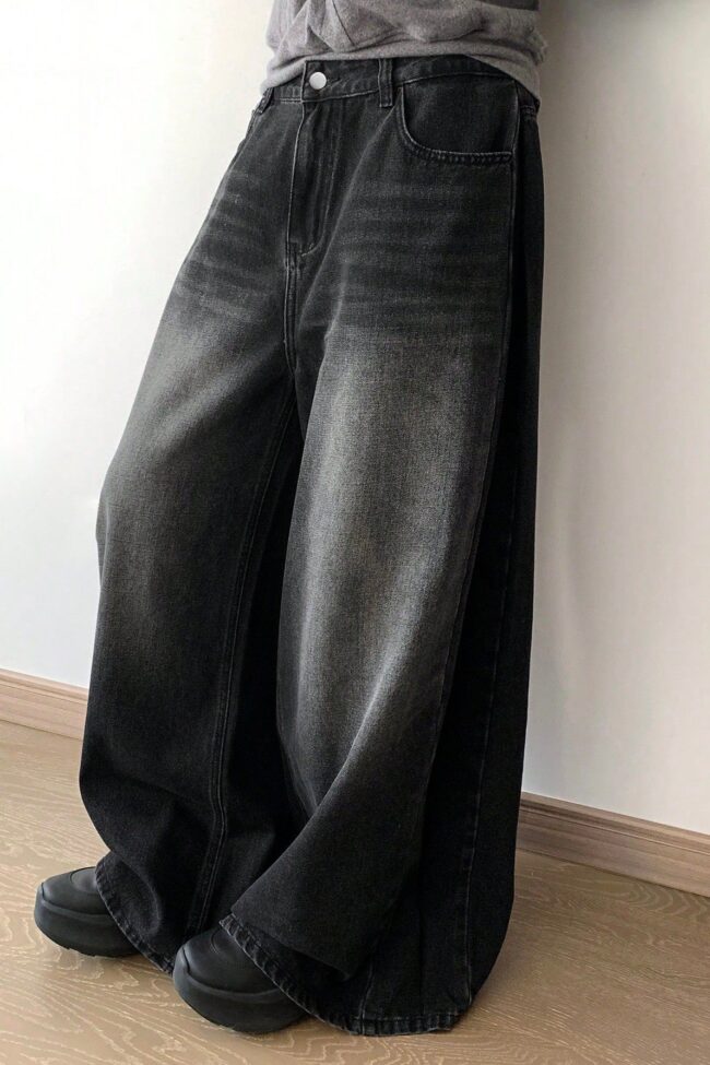 The Solene Black Washed Wide Leg Denim Pants Detail – La Rose Couture Trousers & Skirts