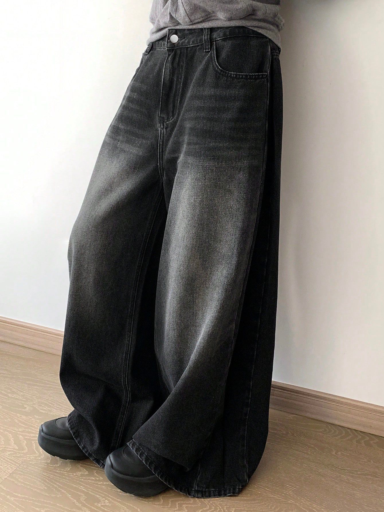 Black Washed Wide Leg Denim Pants - Image 2