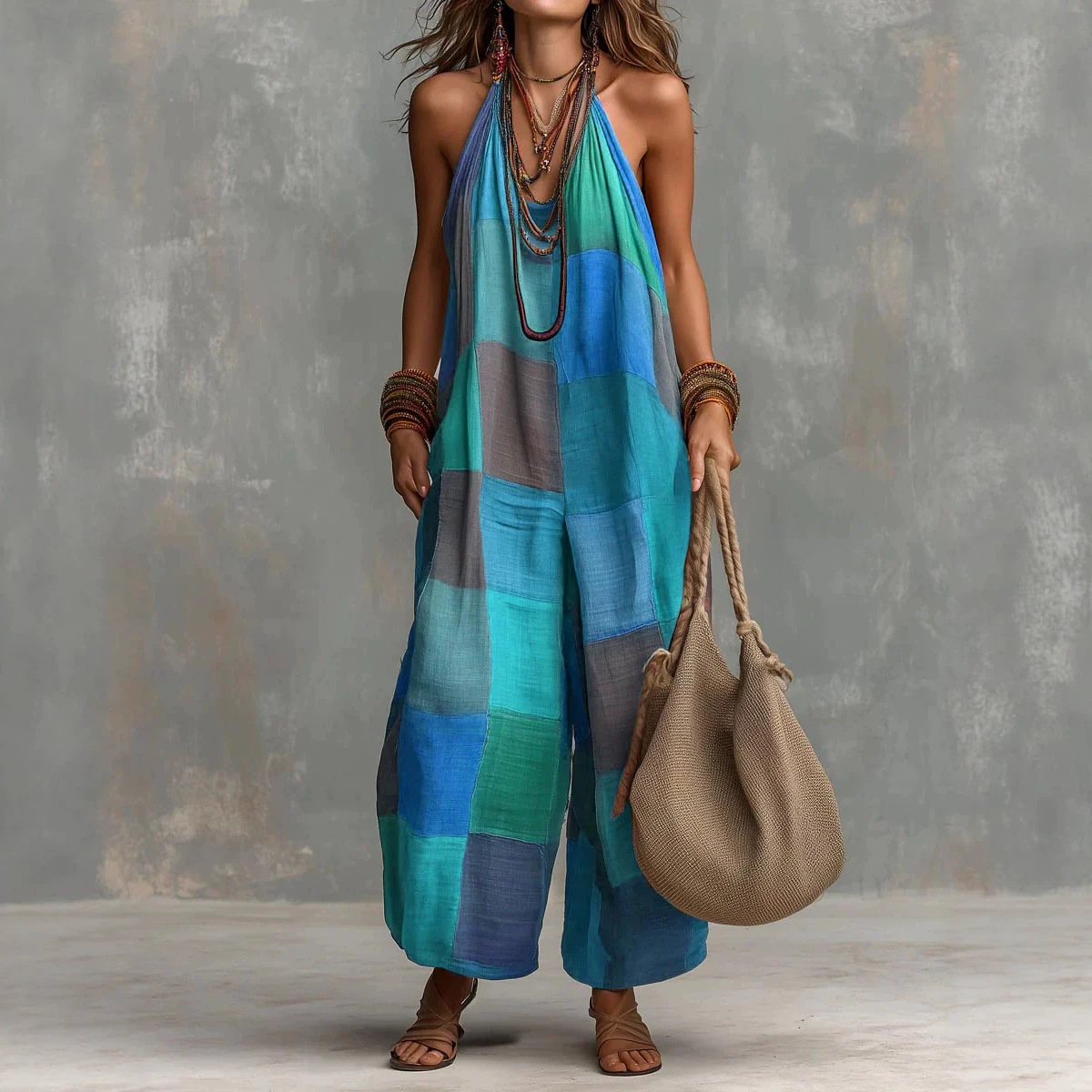 Womens Summer Casual Printed Plaid Jumpsuit - Image 2