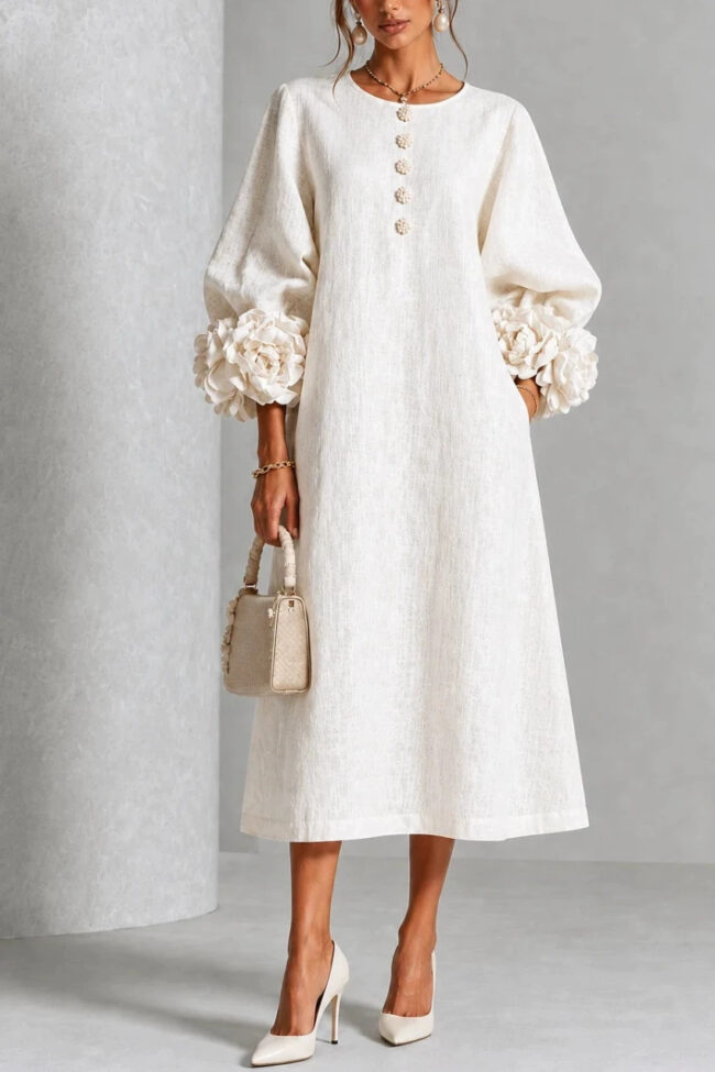 The Marine Elegant Floral Sleeve Cotton Linen Dress Detail – La Rose Couture Dresses & Gowns