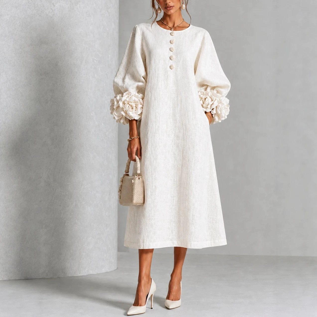Elegant Floral Sleeve Cotton Linen Dress - Image 4
