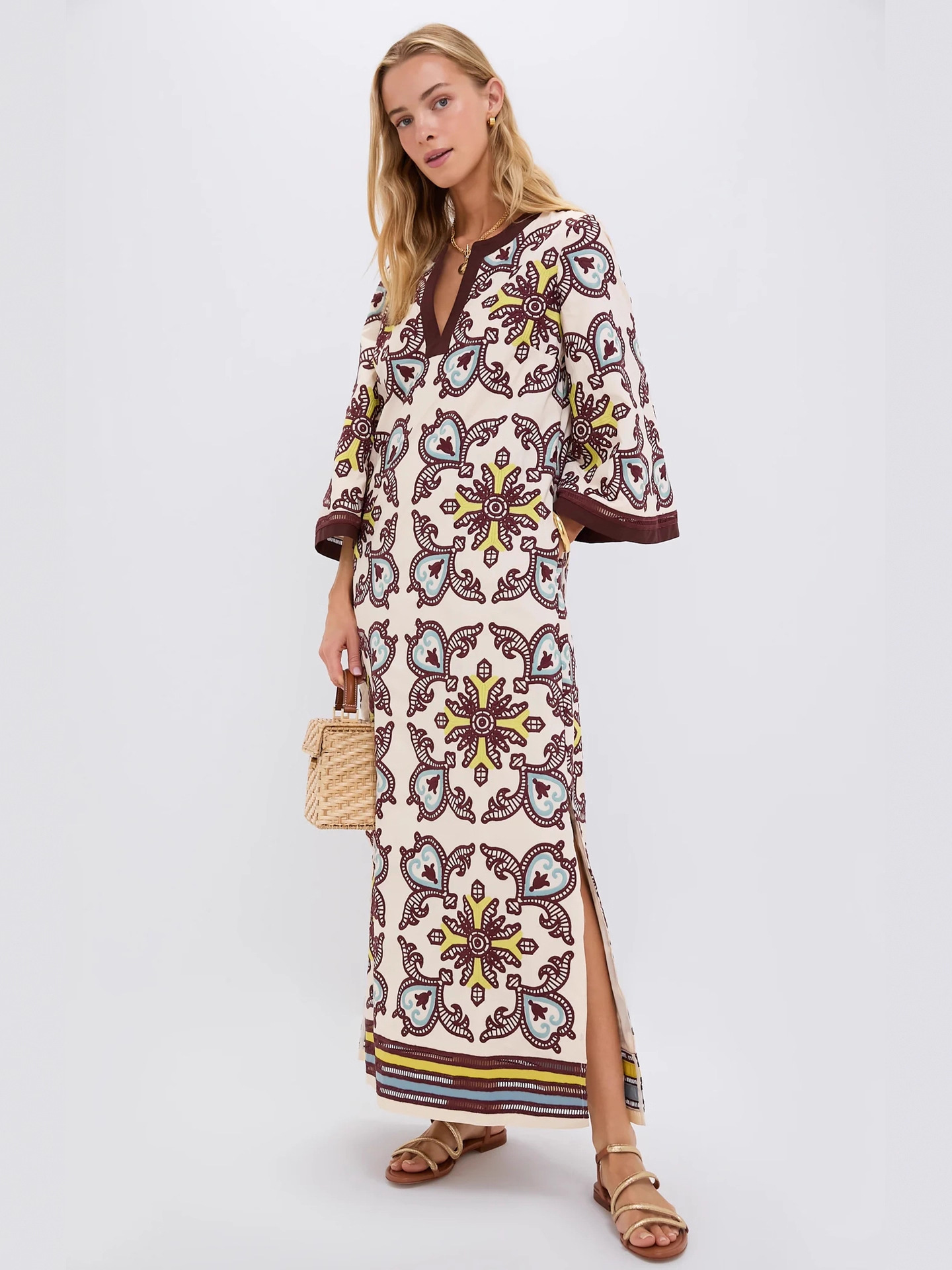 Fashion Printed Linen Blend A-Line Dress with Bell Sleeves - Image 3
