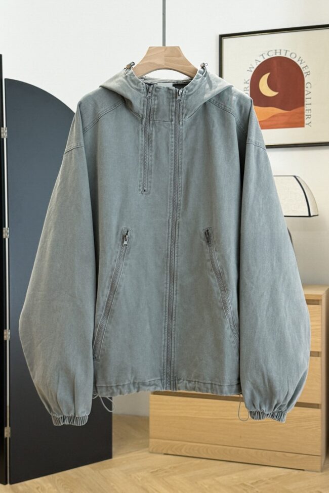 The Apolline Vintage Washed Cotton Hooded Workwear Zip Up Jacket Detail – La Rose Couture Coats & Jackets