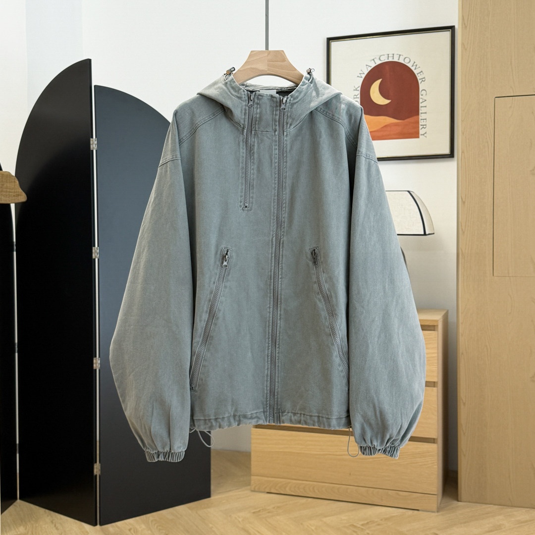 Men Women Vintage Washed Cotton Hooded Workwear Zip Up Jacket - Image 2