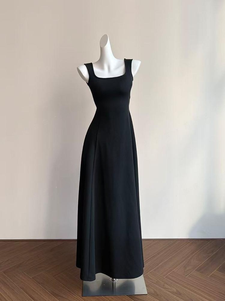 Square Neck Strap Dress Slim Fit A-Line Long Dress - Image 3