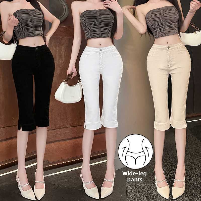 Stretch Denim Capri Pants with Side Slit