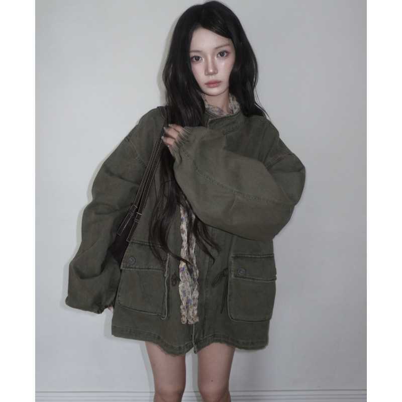 Womens Stand Collar Loose Pocket Coat - Image 4