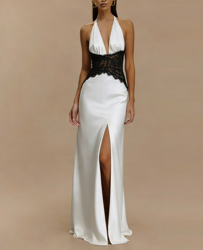 The Zephyrine Elegant Lace Deep V Neck Backless Long Dress Detail – La Rose Couture Dresses & Gowns