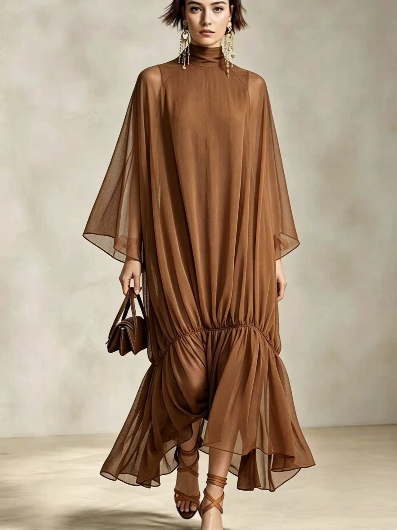 Loose Fit Pleated Dress with Batwing Sleeves - Image 3