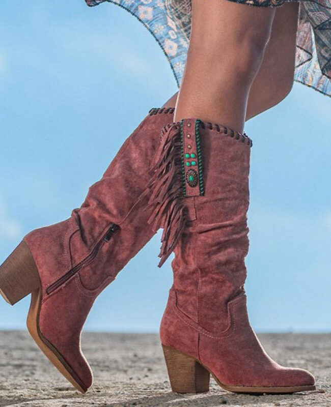 The Solene Suede Knee High Tassel Chunky Heeled Boots – La Rose Couture Shoes & Footwear