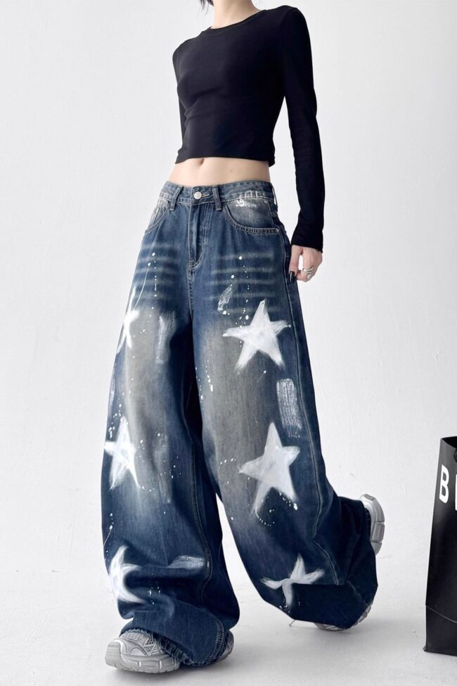 The Oceane Retro Star Graffiti Wide Leg Jeans Detail – La Rose Couture Trousers & Skirts