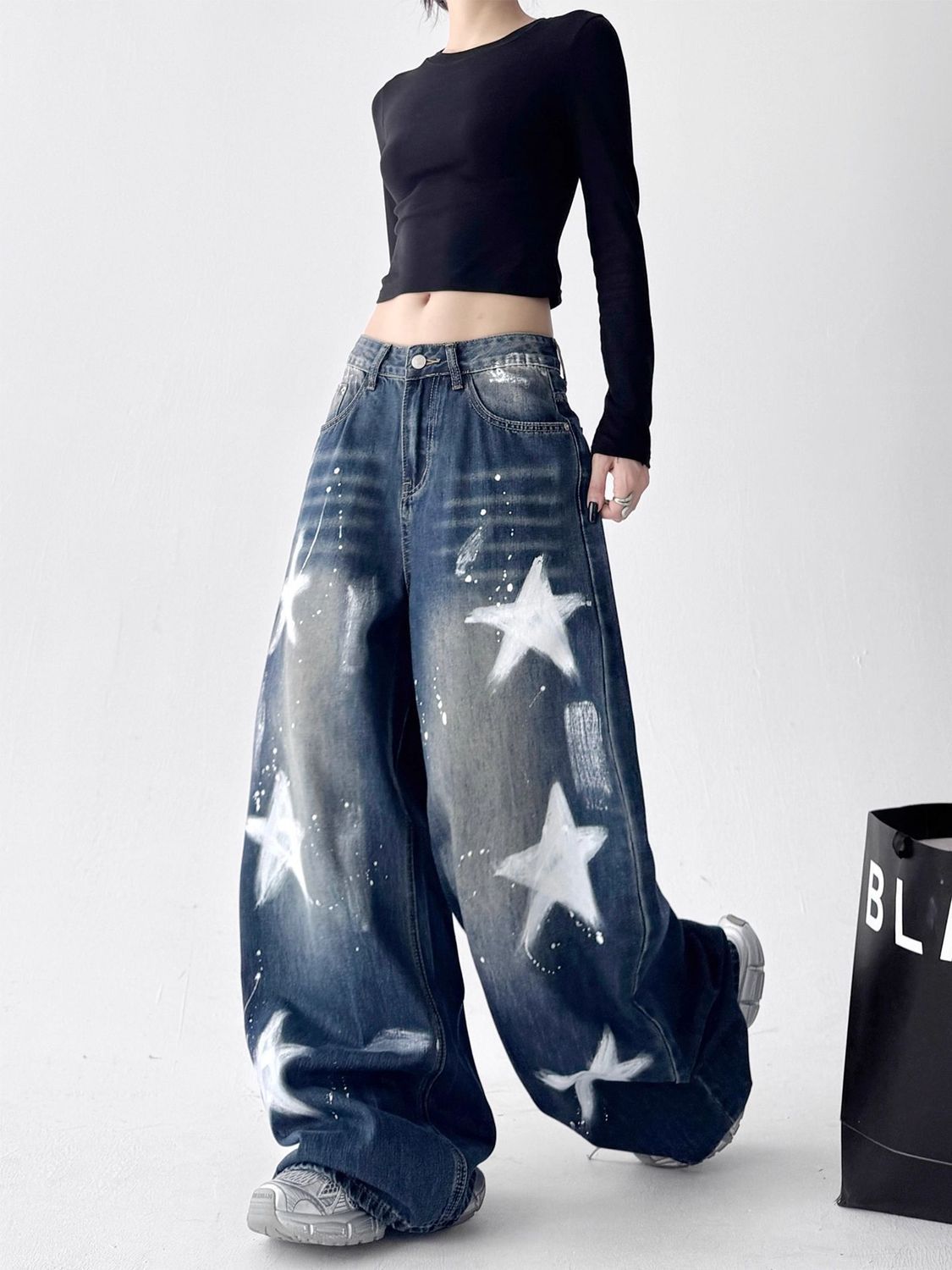 Retro Star Graffiti Wide Leg Jeans - Image 5