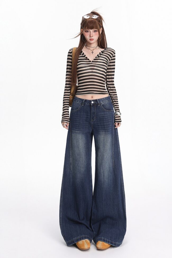 The Camille Retro Blue Bamboo Pattern Straight Leg Floor Length Jeans Detail – La Rose Couture Trousers & Skirts