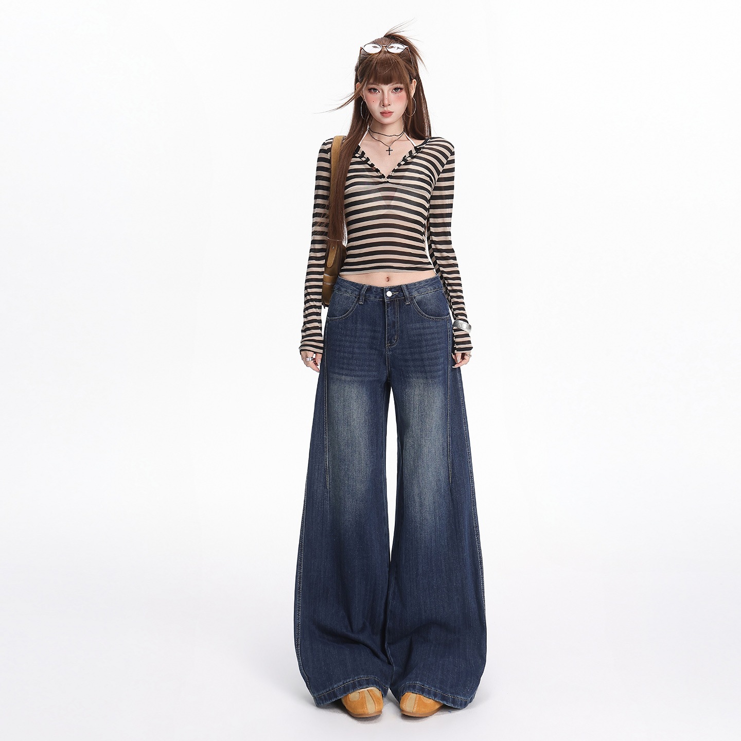 Women's Retro Blue Bamboo Pattern Straight-Leg Floor-Length Jeans - Image 4