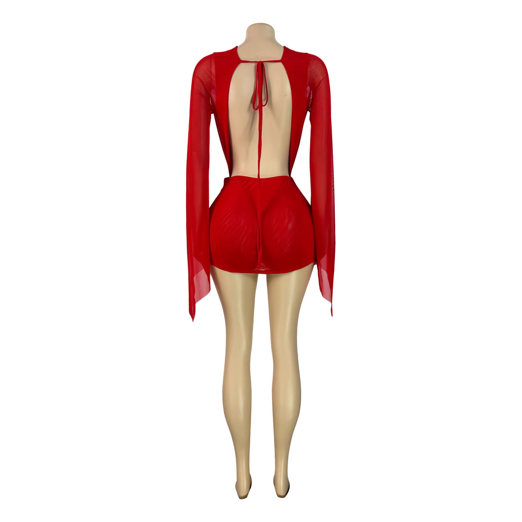 Mesh Deep V-Neck Open Back Bodycon Dress - Image 2