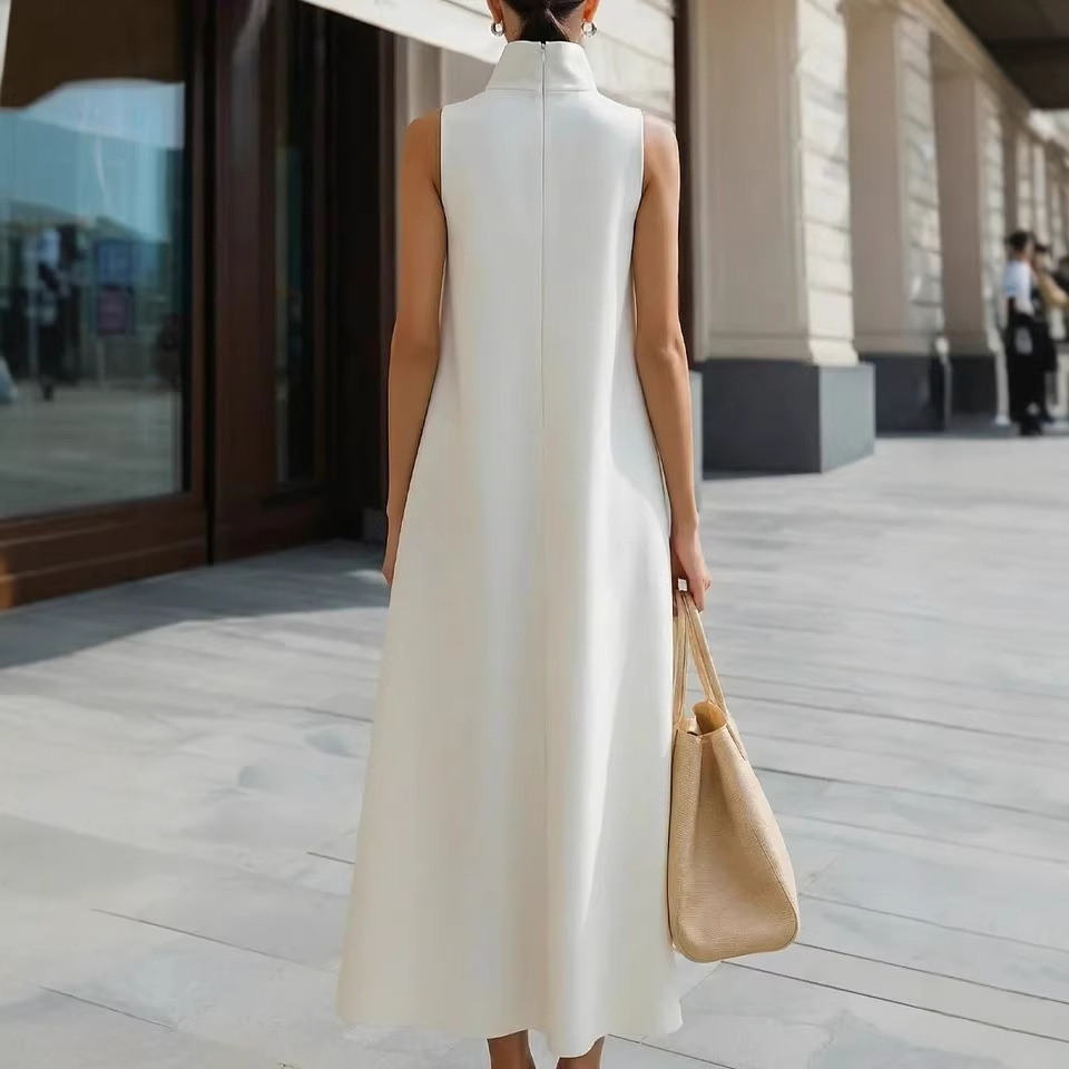 Elegant Stand Collar Button Vest Dress - Image 3