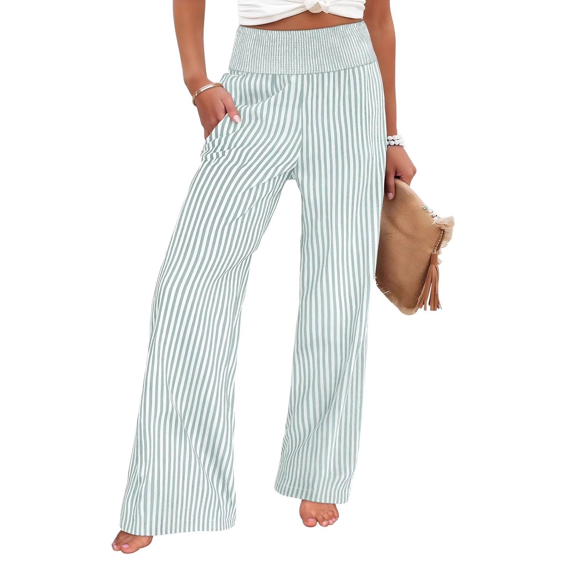 Womens Loose Striped Cotton Linen Casual Pants with Elastic Waist - Image 3