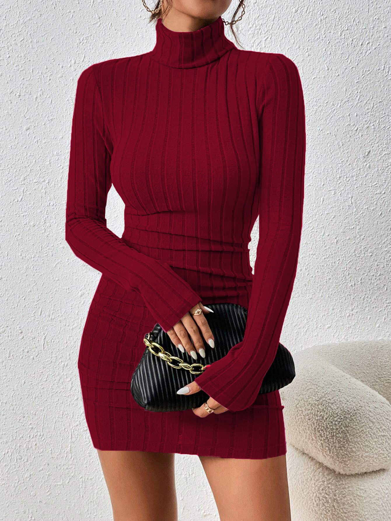 Womens Turtleneck Pencil Dress Slim Fit Long Sleeve - Image 5