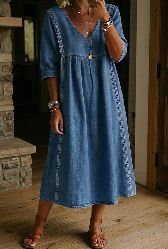 The Solene Casual Loose V Neck Lace Trim Dress Detail – La Rose Couture Dresses & Gowns