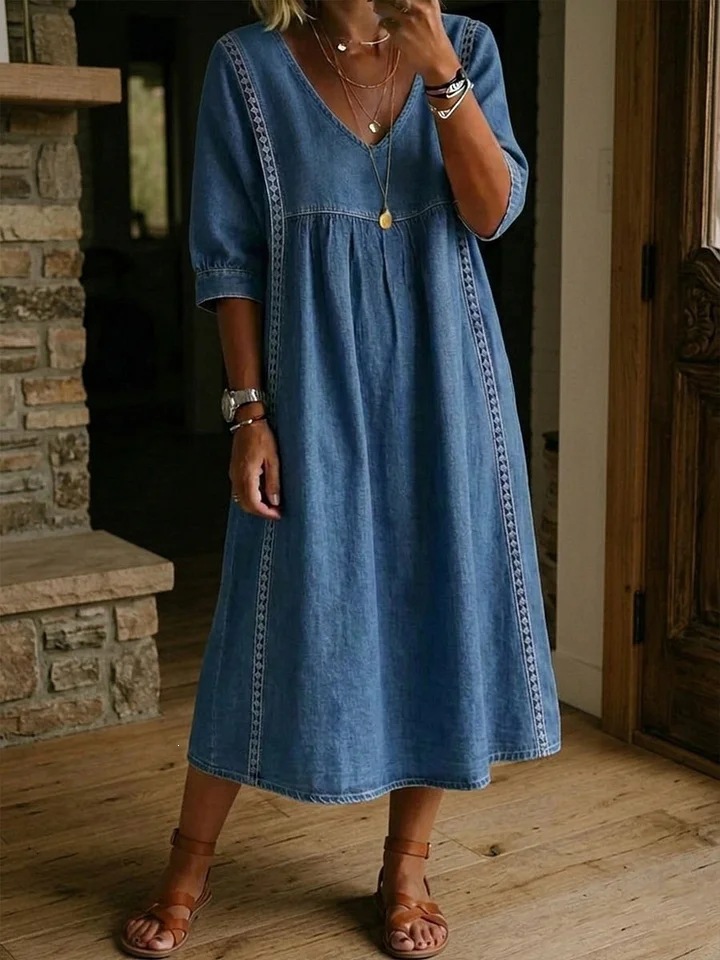 Womens Casual Loose V-Neck Lace Trim Dress - Image 3