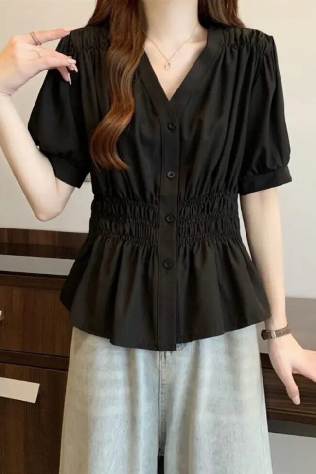 Solid Color Short Sleeve Shirt Detail – La Rose Couture Tops & Blouses