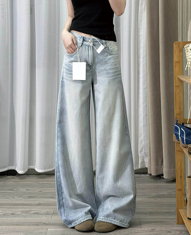 The Florine Retro Blue High Waist Wide Leg Distressed Denim Jeans Detail – La Rose Couture Trousers & Skirts