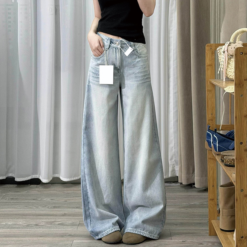 Retro Blue High-Waist Wide-Leg Distressed Denim Jeans for Women - Image 3