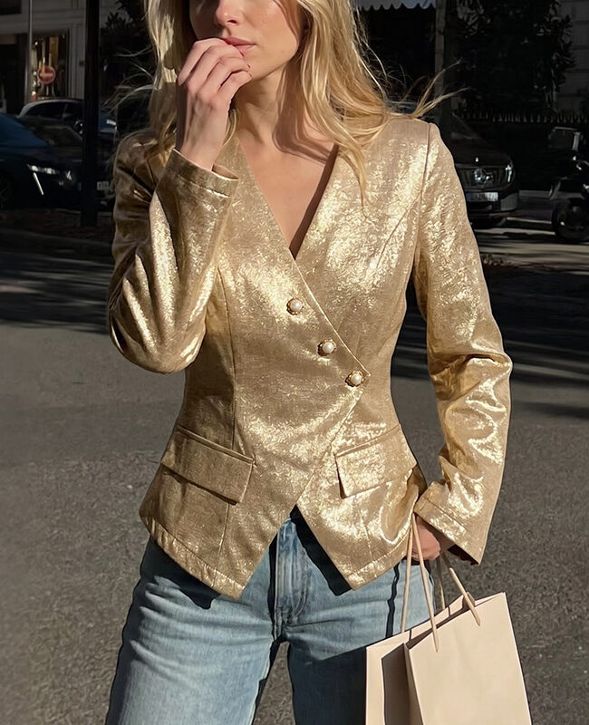 The Yvette Vintage Gold V Neck Slim Fit Long Sleeve Blazer Detail – La Rose Couture Coats & Jackets