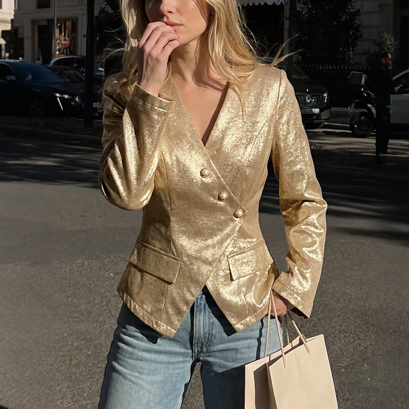 Women Vintage Gold V-Neck Slim Fit Long Sleeve Blazer - Image 3