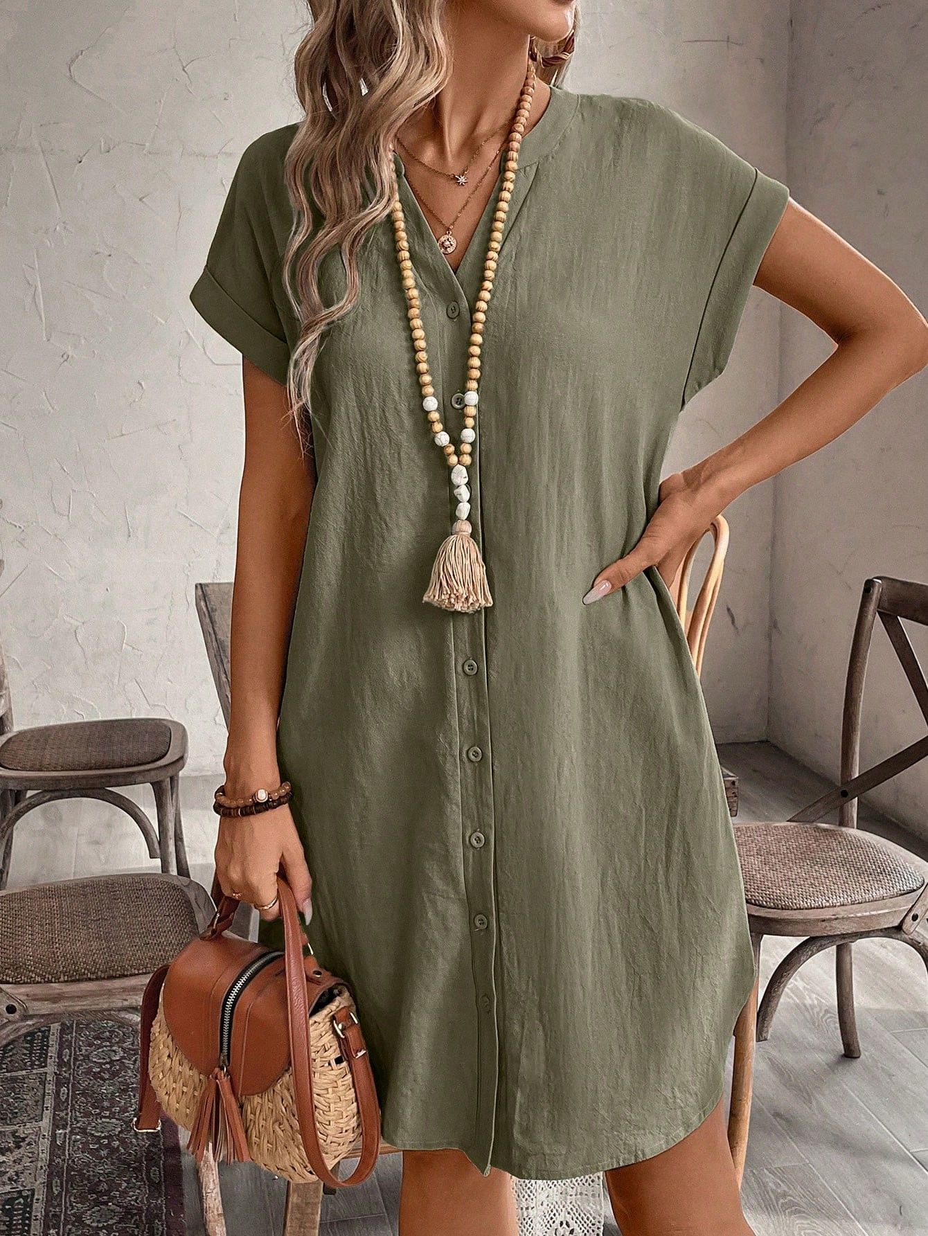Womens V-Neck Cotton Casual Dress - Image 2