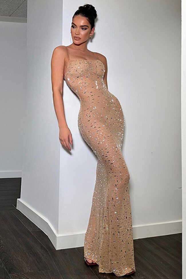 The Amandine Mesh Rhinestone Spaghetti Strap Dress Detail – La Rose Couture Dresses & Gowns