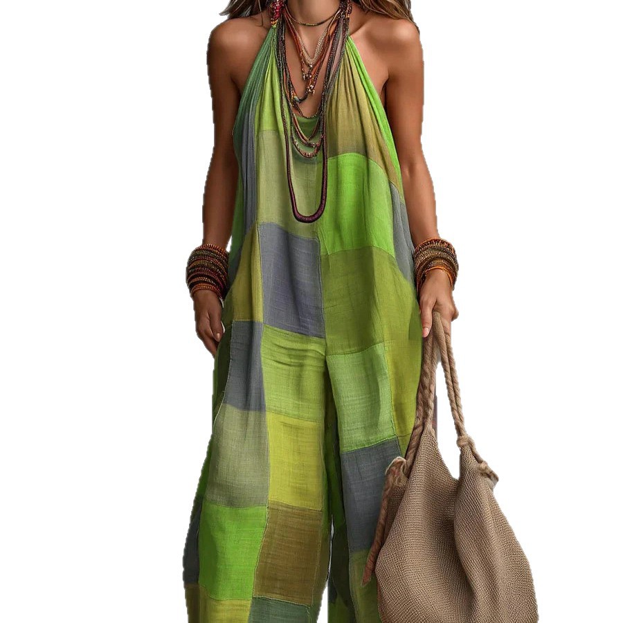 Womens Summer Casual Printed Plaid Jumpsuit - Image 5