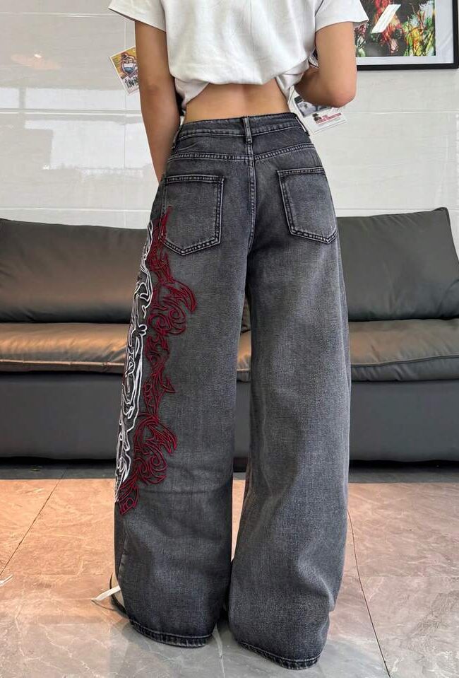 The Valentine Embroidered Dragon Denim Trousers Detail – La Rose Couture Trousers & Skirts
