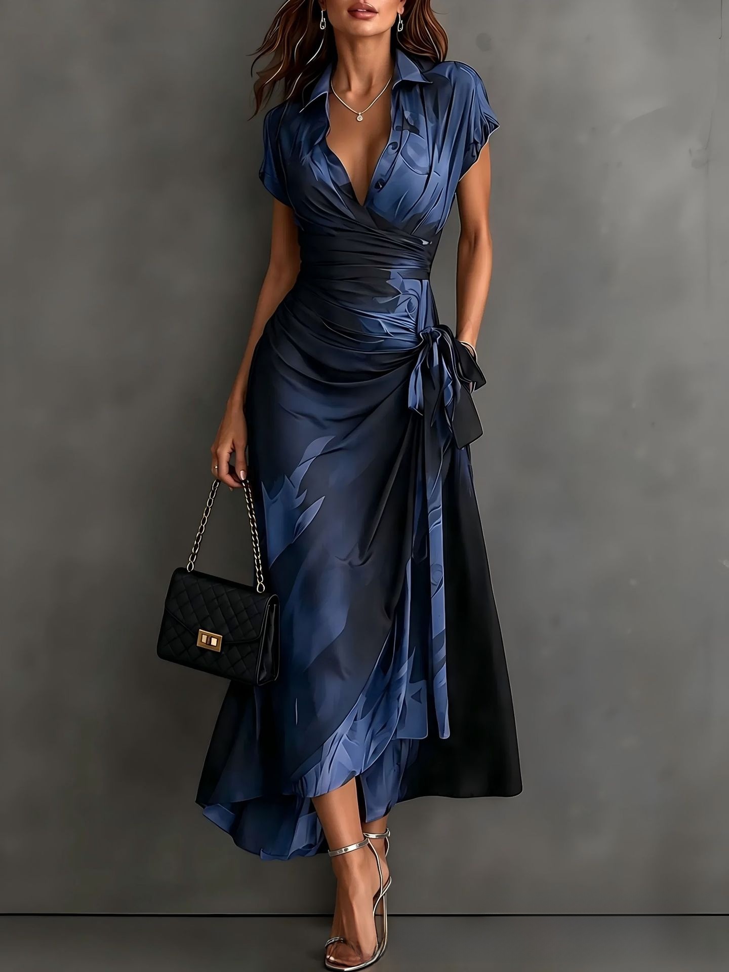 Elegant printed short-sleeved lace-up dress - Image 3