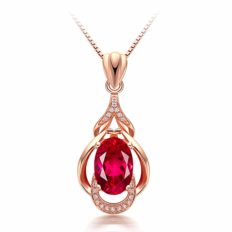 Rose Gold Plated Red Tourmaline Water Drop Gemstone Pendant Necklace with Chain