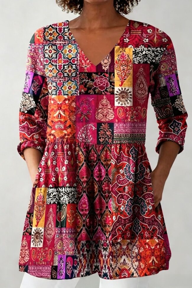 The Zephyrine Printed V Neck Mid Sleeve Loose T Shirt Detail – La Rose Couture Tops & Blouses