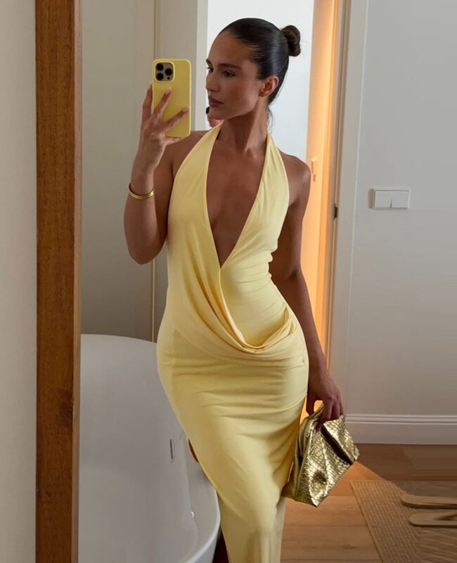 The Sabine Halter Neck Deep V Backless Slit Dress Detail – La Rose Couture Dresses & Gowns