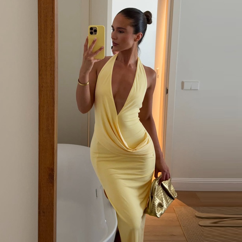 Halter Neck Deep V Backless Slit Dress - Image 2