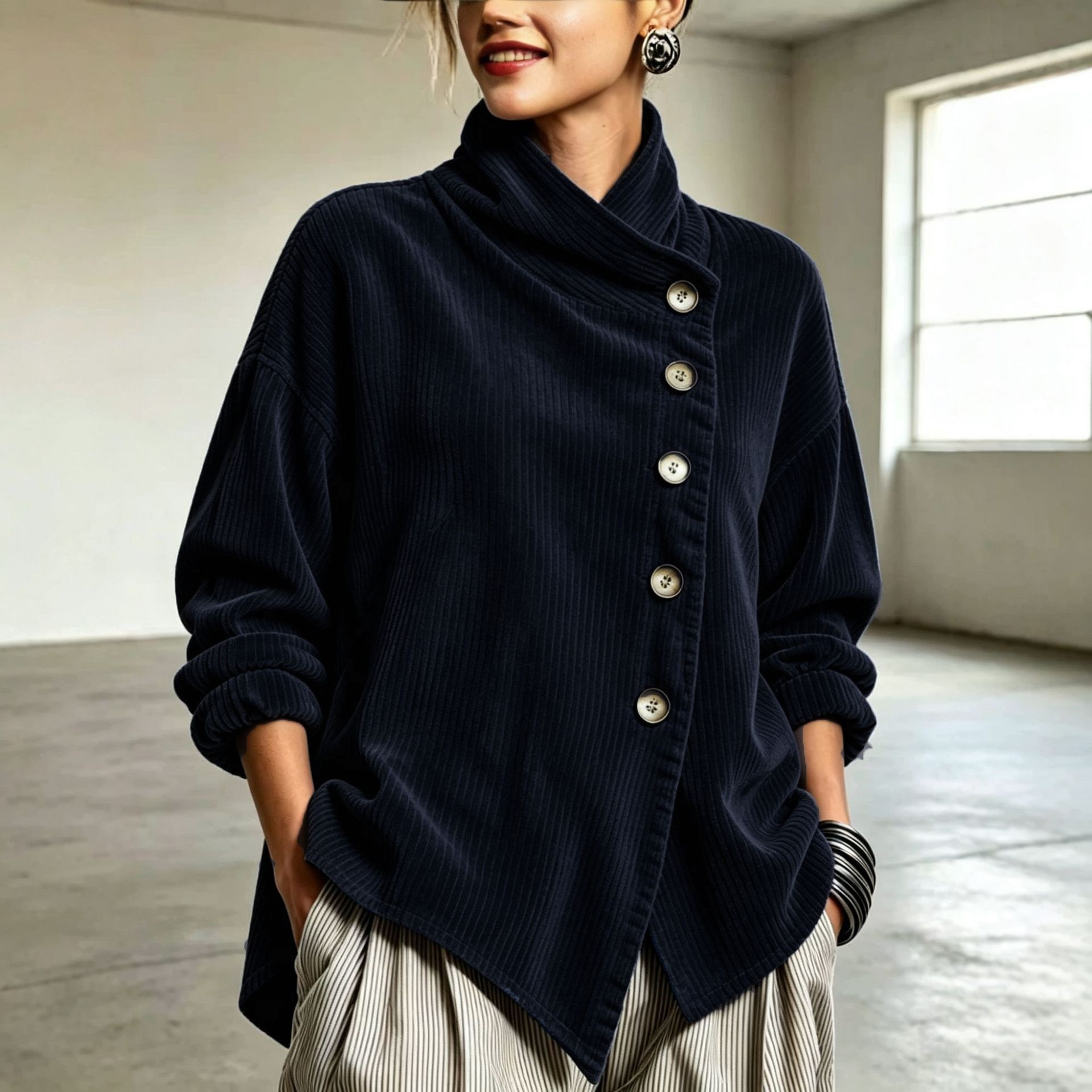 Women's Autumn Winter Corduroy Asymmetric Off-Shoulder Jacket - Image 4
